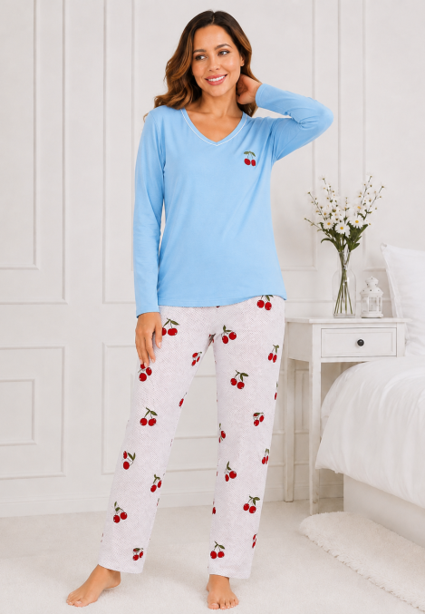 Pijama damă Serena bluză cu maneca lunga și pantaloni -Bleu ,Engros