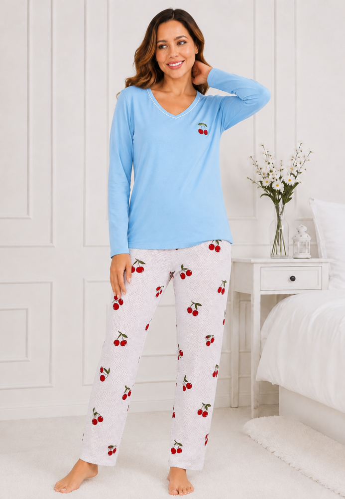 Pijama damă Serena bluză cu maneca lunga și pantaloni -Bleu ,Engros