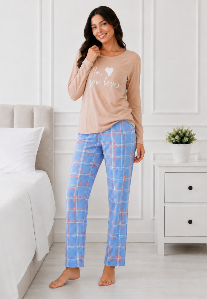 Pijama dama Serena bluză cu maneca lunga și pantaloni-Bej,Engros