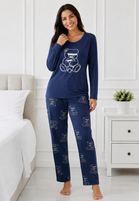 Pijama damă Serena bluză cu maneca lunga și pantaloni-Bleumarin,Engros