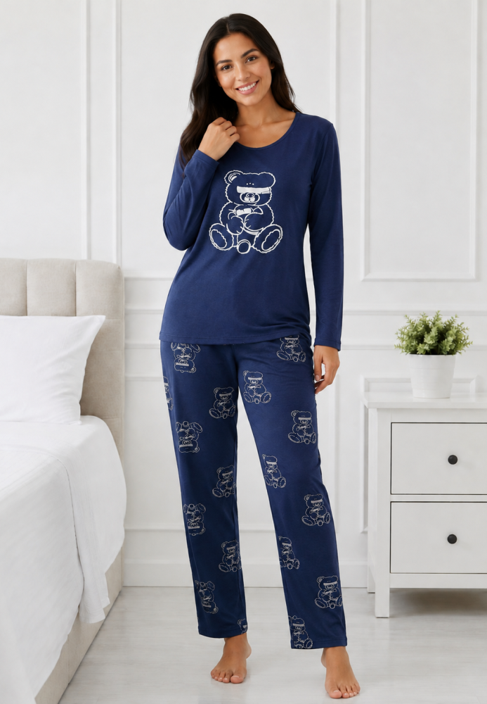 Pijama damă Serena bluză cu maneca lunga și pantaloni-Bleumarin,Engros
