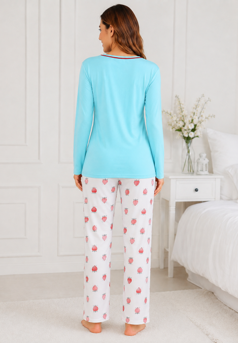Pijama damă Serena bluză cu maneca lunga și pantaloni -Bleu ,Engros