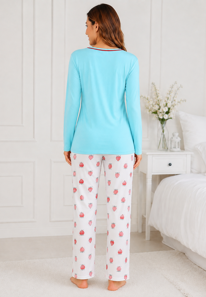 Pijama damă Serena bluză cu maneca lunga și pantaloni -Bleu ,Engros