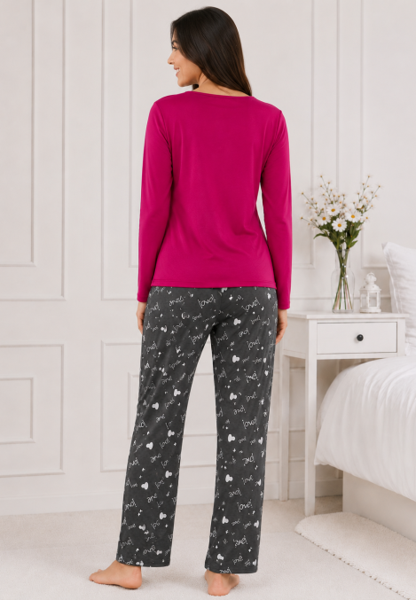 Pijama damă Serena bluză cu maneca lunga și pantaloni -Fucsia,Engros