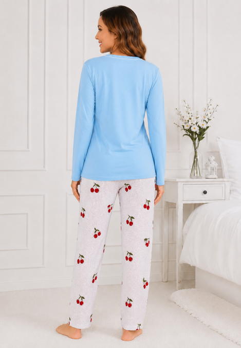 Pijama damă Serena bluză cu maneca lunga și pantaloni -Bleu ,Engros