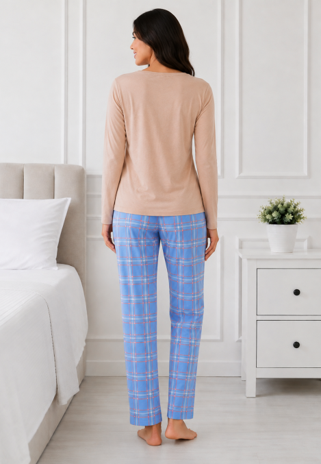 Pijama dama Serena bluză cu maneca lunga și pantaloni-Bej,Engros