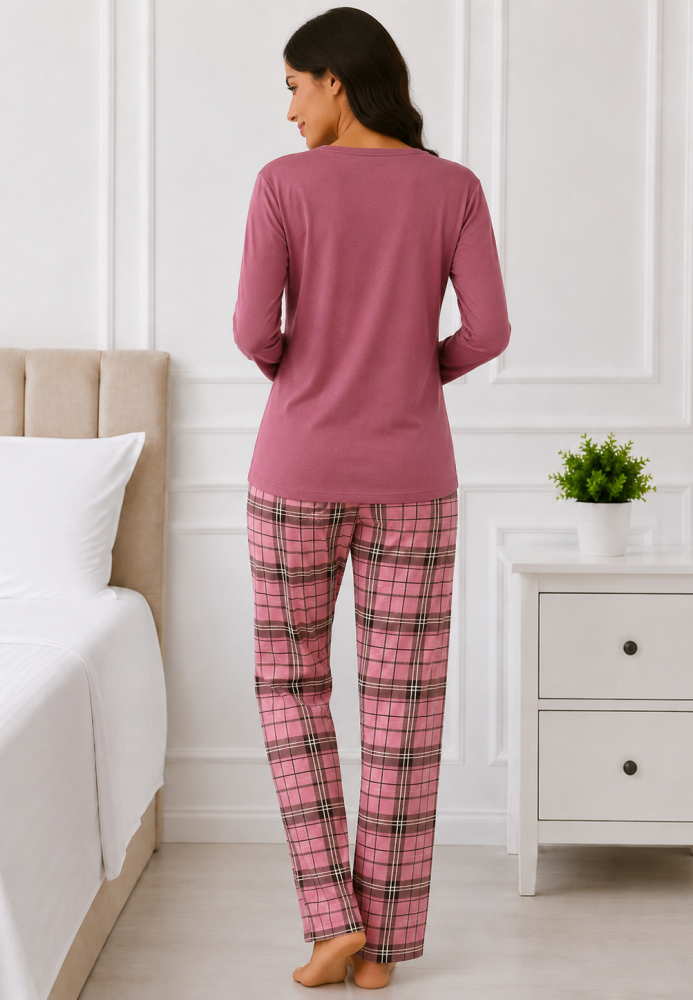 Pijama damă Serena bluză cu maneca lunga și pantaloni-Roz prafuit ,Engros