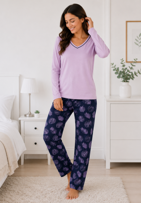 Pijama damă Serena bluză cu maneca lunga și pantaloni lung -Lila,Engros