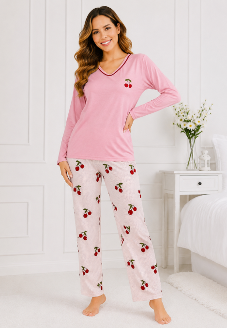 Pijama damă Serena bluză cu maneca lunga și pantaloni -ROZ ,Engros