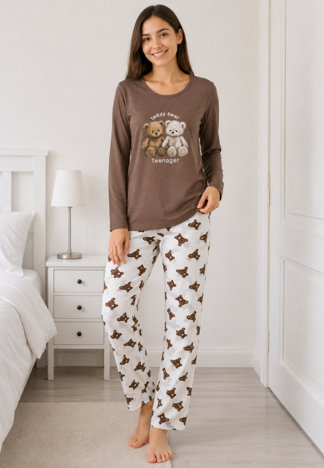 Pijama damă Serena bluză cu maneca lunga și pantaloni lung -Maro ,Engros