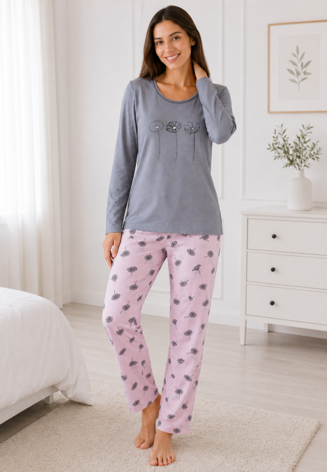 Pijama damă Serena bluză cu maneca lunga și pantaloni lung -Gri ,Engros