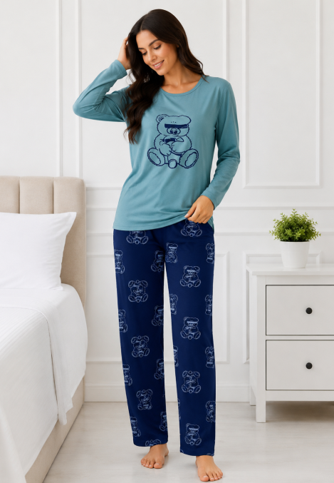 Pijama damă Serena bluză cu maneca lunga și pantaloni-Turcoaz,Engros