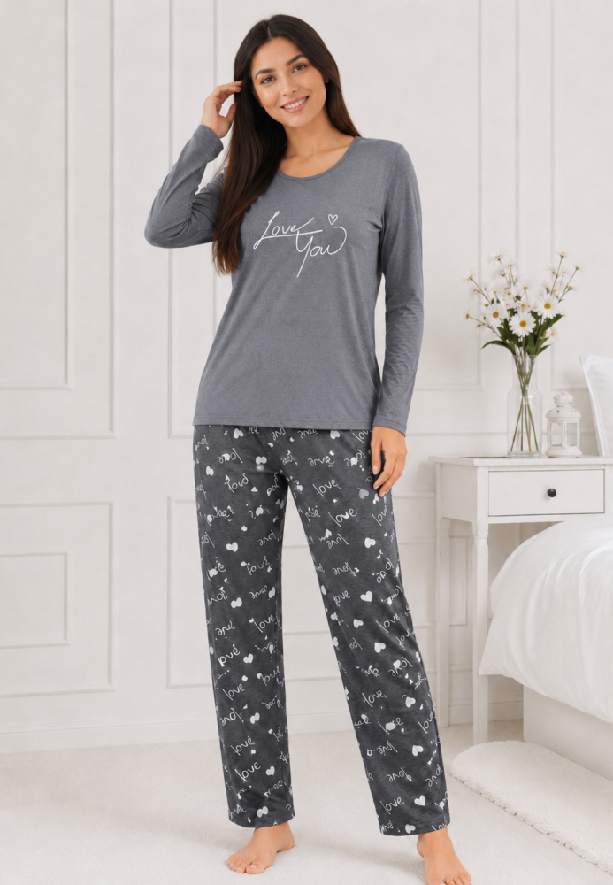 Pijama damă Serena bluză cu maneca lunga și pantaloni -Gri,Engros