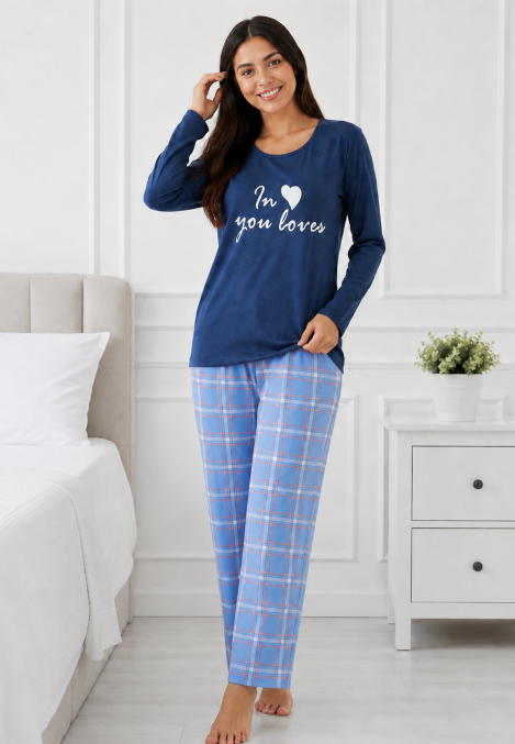 Pijama damă Serena bluză cu maneca lunga și pantaloni-Bleumarin,Engros