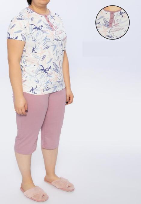 Pijama Dama Bumbac Mărimi Mari, Baza Gâtului cu 3 Nasturi și Flori,Mov Engros