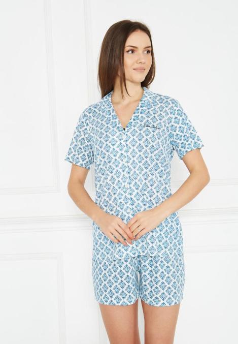 Pijama Dama ,Bluza cu Mâneci Scurte și Pantaloni Scurți cu Elastic în Talie, Imprimeu Floral, BlueEngros