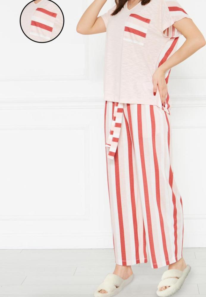 Pijama Dama Bumbac Mânecă Scurtă, Pantaloni Lungi și Buzunare pe Piept,Engros