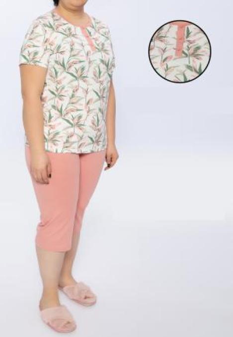 Pijama Dama Bumbac Mărimi Mari, Baza Gâtului cu 3 Nasturi și Flori,Roz Engros