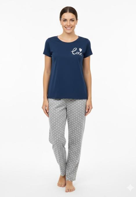 Pijama dama ,cu maneca scurta si pantalon lung ,culoare bleumarin,Engros