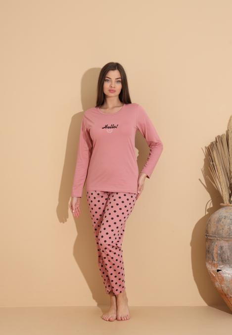 Pijama Dama „HELLO" ,Pantaloni si Maneca Lunga,Culoare Roz Pudrat, Engros