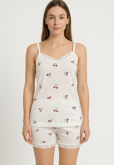 Pijama Damă Maiou și Short – Bretele Subțiri, Dantelă Delicată, Croială Lejeră, Imprimeu cu Cirese, Engros