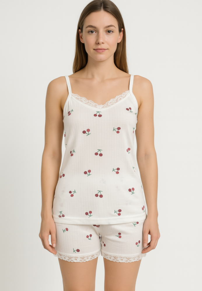 Pijama Damă Maiou și Short – Bretele Subțiri, Dantelă Delicată, Croială Lejeră, Imprimeu cu Cirese, Engros
