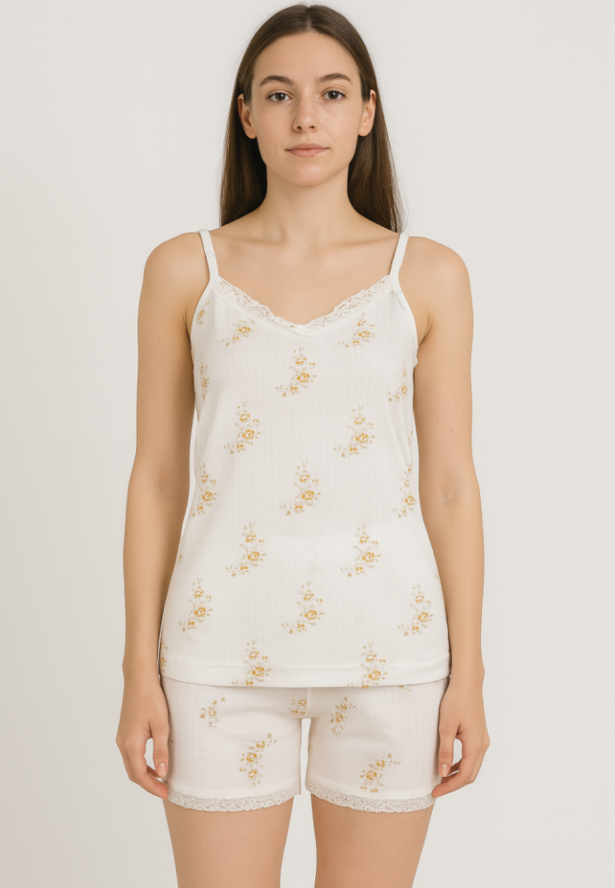 Pijama damă maiou și short – bretele subțiri, dantelă delicată, croială lejeră, imprimeu cu flori galbene,Engros