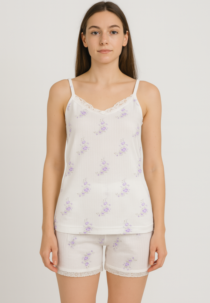 Pijama Damă Maiou și Short – Bretele Subțiri, Dantelă Delicată, Croială Lejeră, Imprimeu cu Flori Mov,Engros