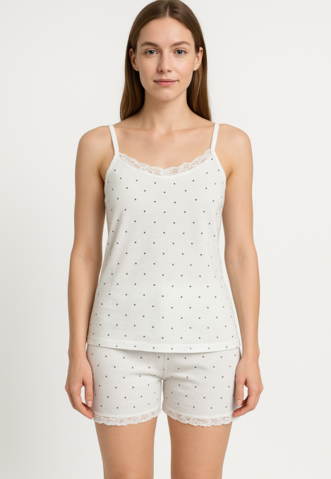 Pijama Damă Maiou și Short – Bretele Subțiri, Dantelă Delicată, Croială Lejeră, Imprimeu cu Puncte Negre, Engros