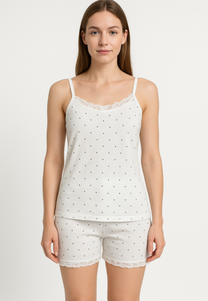 Pijama Damă Maiou și Short – Bretele Subțiri, Dantelă Delicată, Croială Lejeră, Imprimeu cu Puncte Negre, Engros