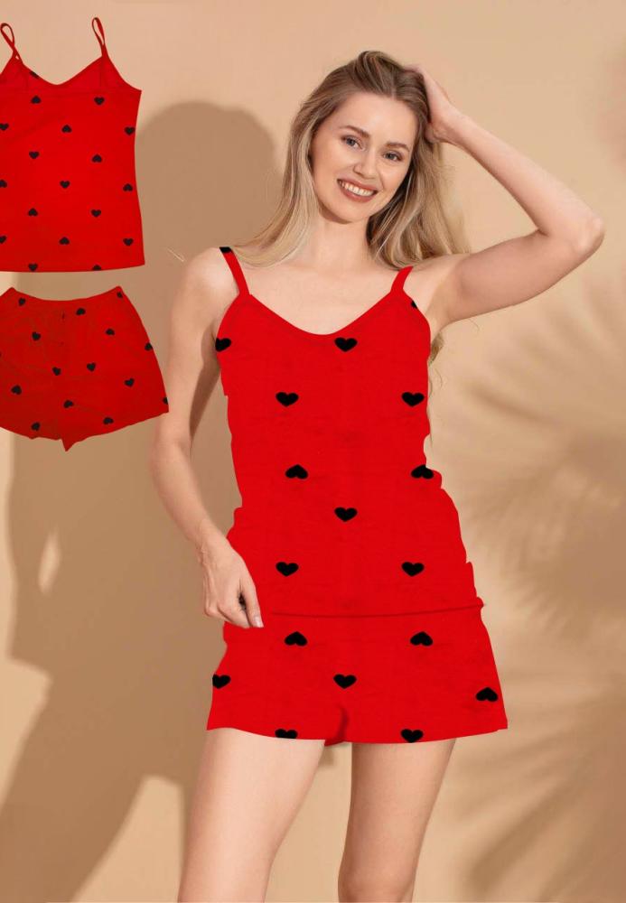 Pijama Damă, Maiou și Short, Imprimeu Inimi, Culoare Rosu, Engros