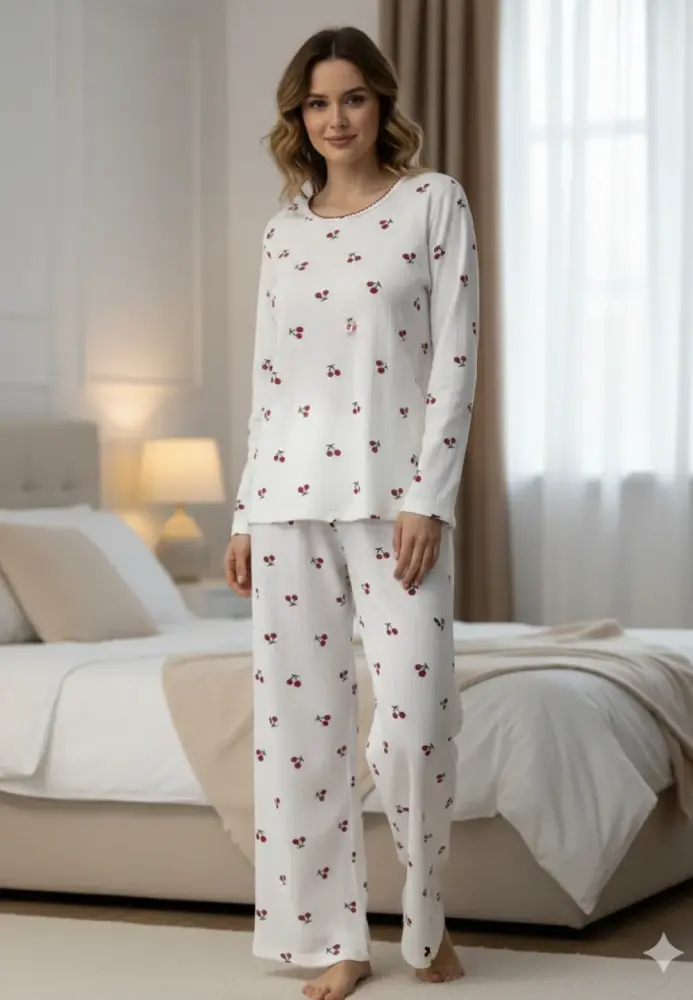 Pijama damă,Vatuită ,cu maneca lung si pantaloni lungi,Culoare albă cu cireșe,Engros