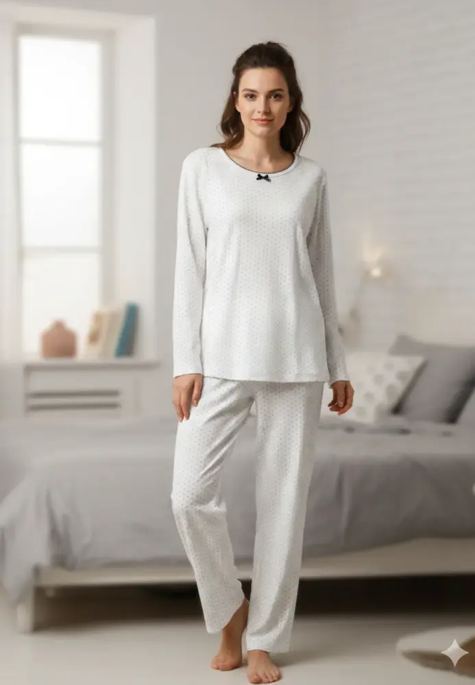 Pijama damă,Vatuită ,cu maneca lung si pantaloni lungi,Culoare albă cu punctulețe bordo,Engros