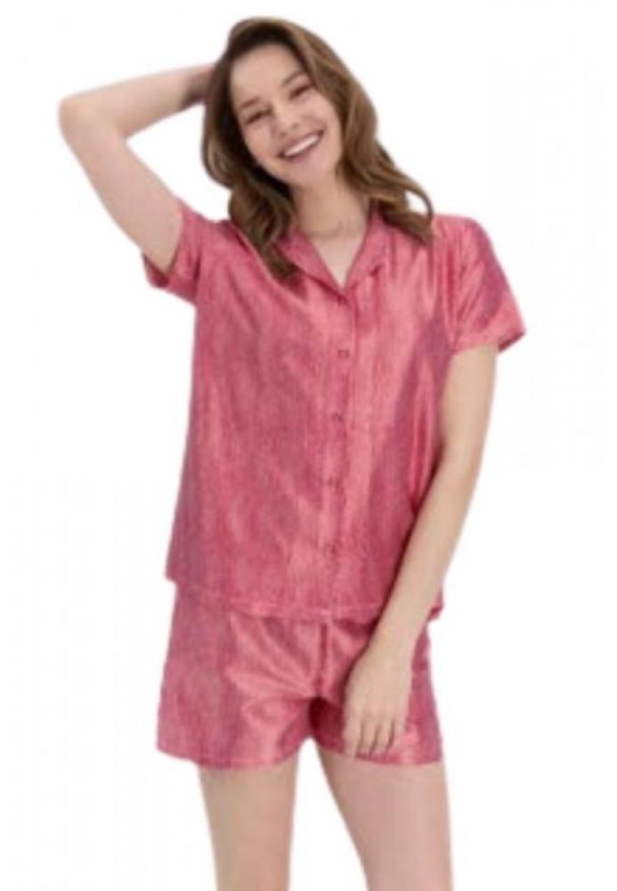 Pijama Dama Bumbac Mânecă Scurtă, Pantalon cu pantaloni scurti,alba in dungi rosi Engros