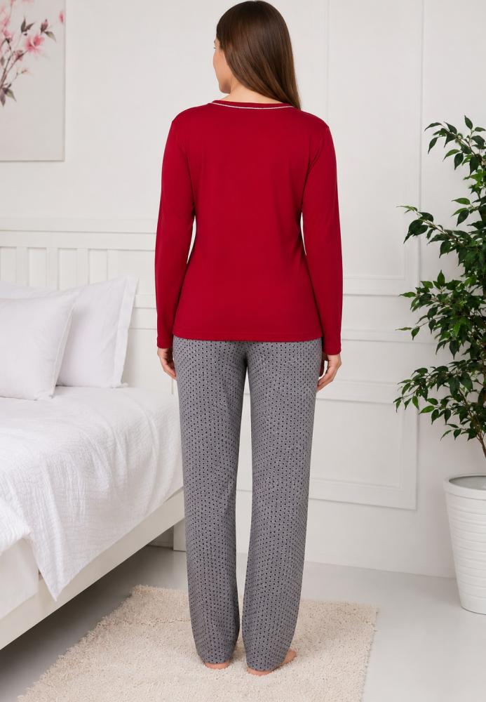 Pijama damă Serena bluză cu maneca lunga și pantaloni lung -Rosu,Engros
