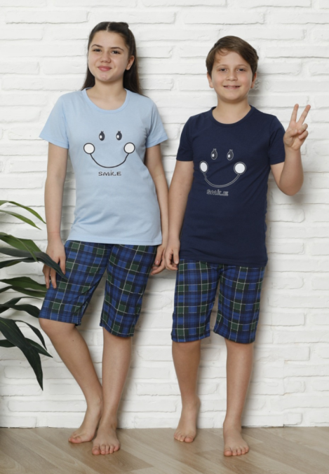 Pijama Copii cu maneca scurta si pantalon 3/4, culoare Albastru deschis si Bleumarin ,Engros