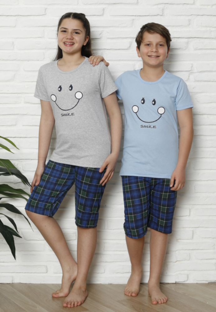 Pijama Copii cu maneca scurta si pantalon 3/4, culoare Albastru deschis si Gri ,Engros