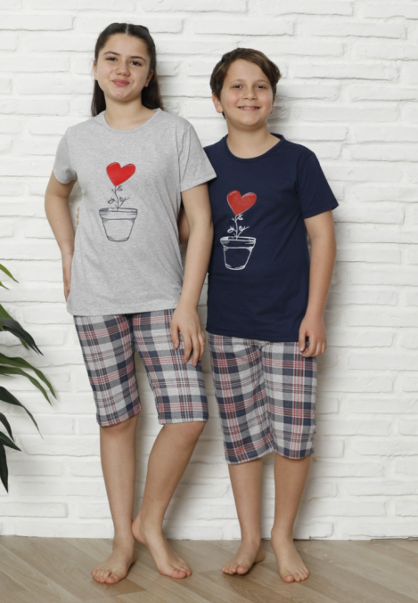 Pijama Copii cu maneca scurta si pantalon 3/4, culoare Gri si Bleumarin ,Engros