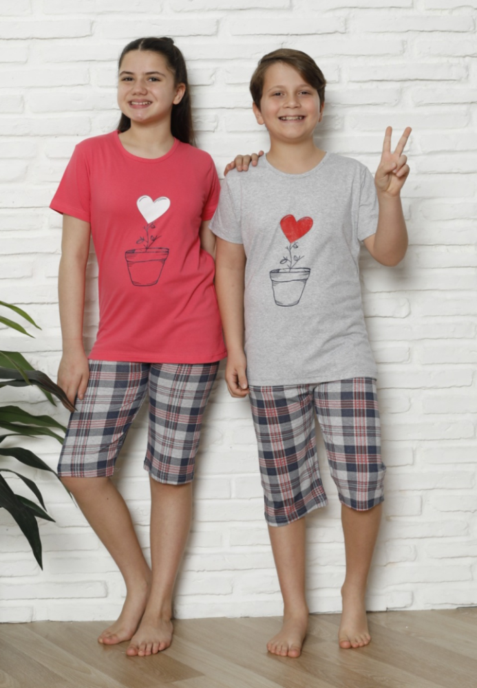 Pijama Copii cu maneca scurta si pantalon 3/4, culoare Gri si Coral ,Engros