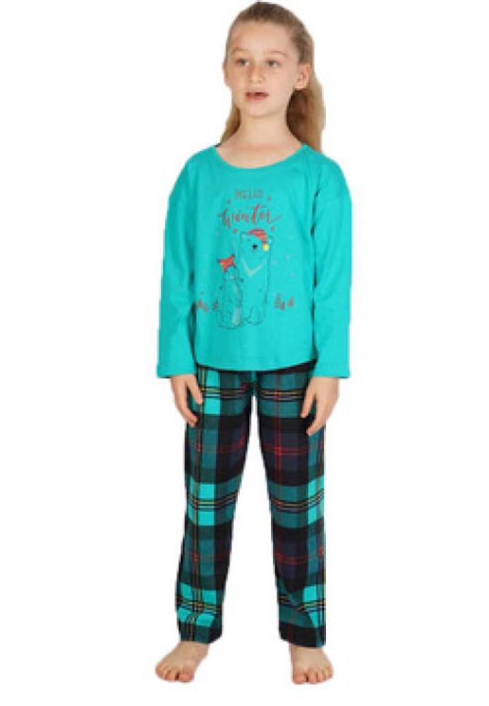 Pijama copii, mânecă lungă, pantalon lung, imprimeu Hello Winter,Culoare Verde,Engros