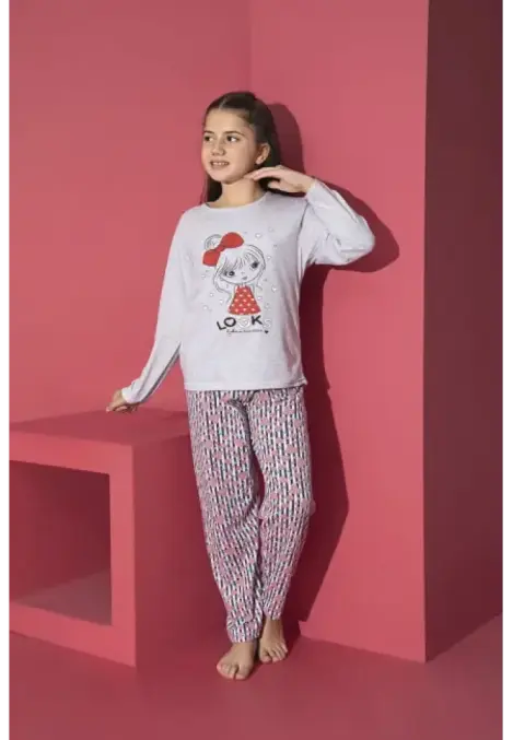 Pijama Fete, Mânecă Lungă, Imprimeu Looks,Culoare Gri,Engros