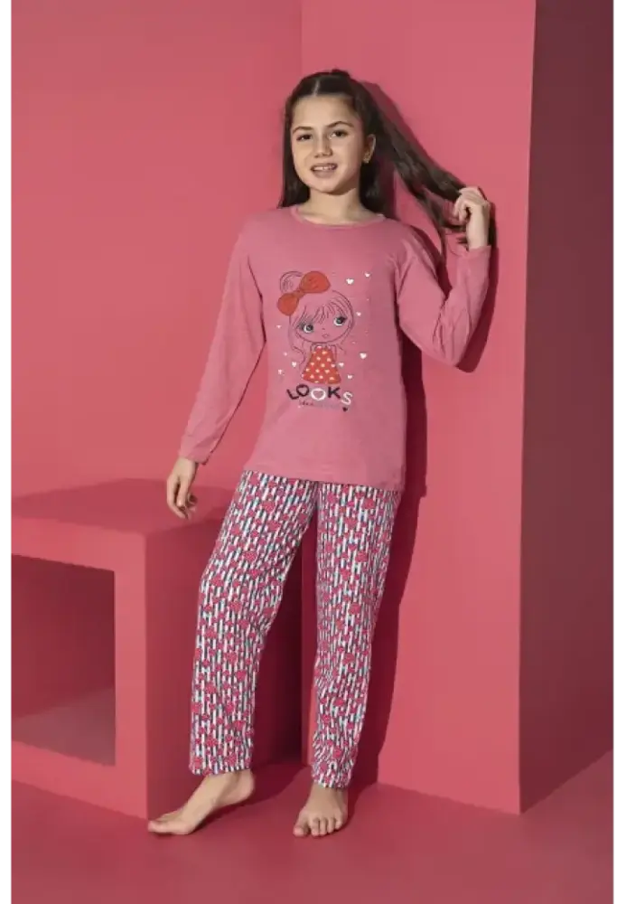 Pijama Fete, Mânecă Lungă, Imprimeu Looks,Culoare Roz Inchis,Engros