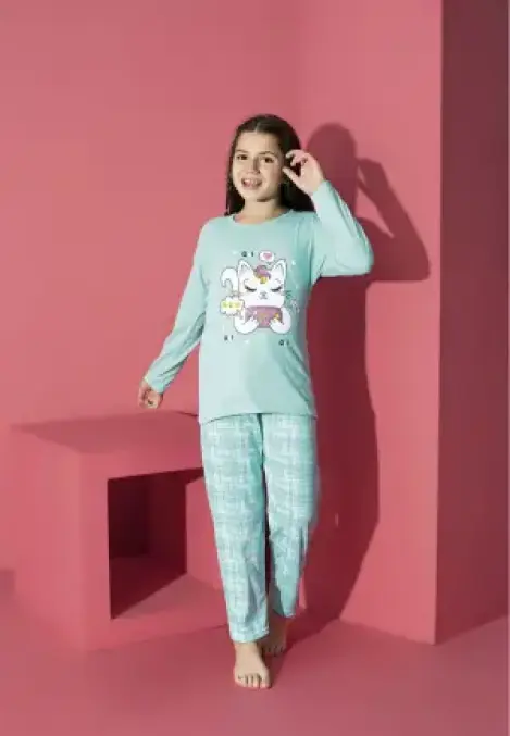 Pijama Fete, Mânecă Lungă, Pantaloni Lungi, Imprimeu Pisicuta, Culoare Blue,Engros