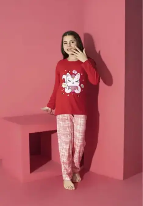 Pijama Fete, Mânecă Lungă, Pantaloni Lungi, Imprimeu Pisicuta, Culoare Rosu, Engros