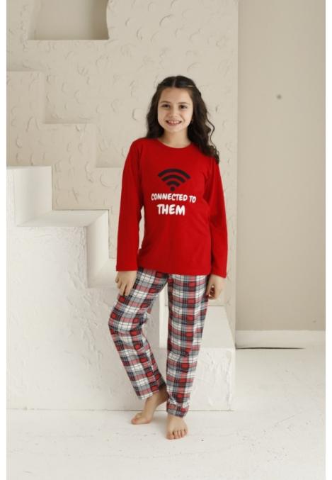 Pijama Fete, Mânecă Lungă si Pantaloni Lungi, Imprimeu CONNECTED ,Culoare Bordo,Engros