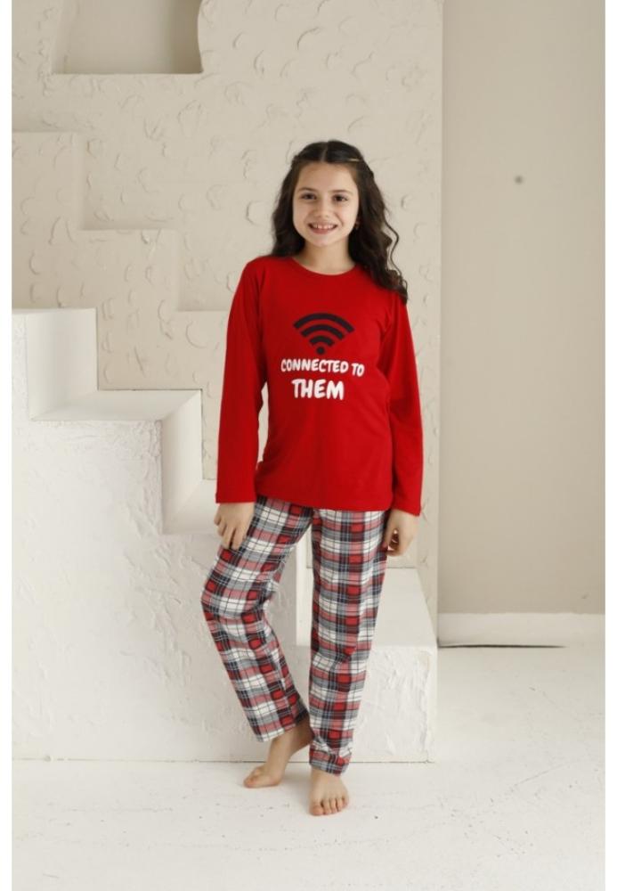 Pijama Fete, Mânecă Lungă si Pantaloni Lungi, Imprimeu CONNECTED ,Culoare Bordo,Engros