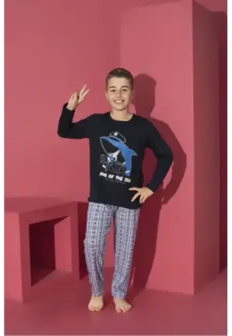 Pijama Băieți cu Mânecă Lungă și Pantaloni Lungi, Imprimeu King Of The Sea,Culoare Bleumarin,Engros