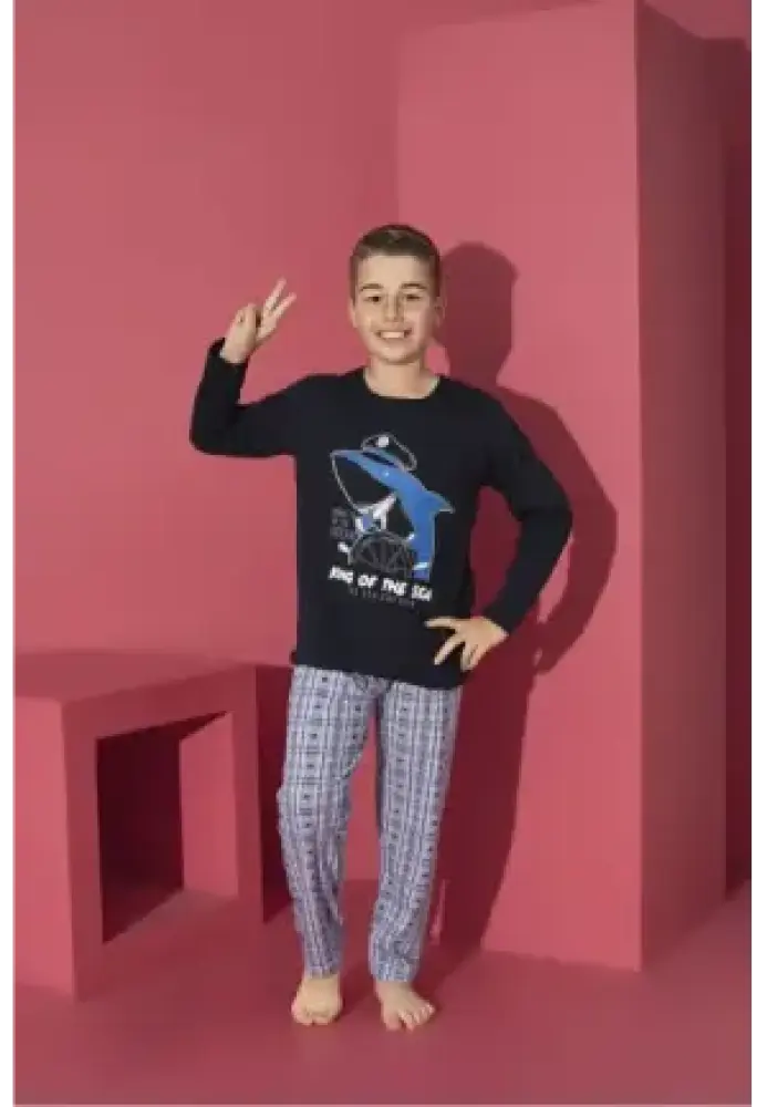 Pijama Băieți cu Mânecă Lungă și Pantaloni Lungi, Imprimeu King Of The Sea,Culoare Bleumarin,Engros