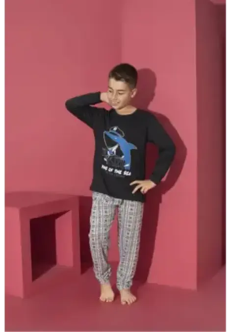 Pijama Băieți cu Mânecă Lungă și Pantaloni Lungi, Imprimeu King Of The Sea,Culoare Negru, Engros