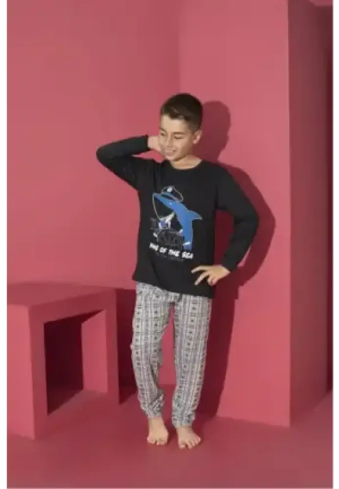 Pijama Băieți cu Mânecă Lungă și Pantaloni Lungi, Imprimeu King Of The Sea,Culoare Negru, Engros